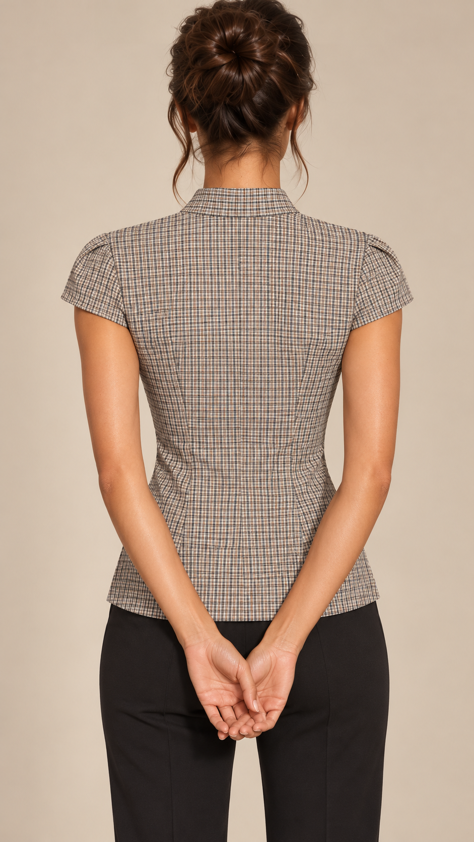 Odalie Check Cap-Sleeve Top — Brown model back