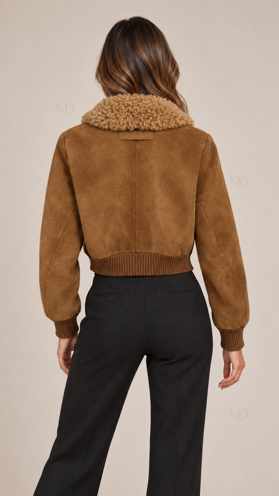 Mara Shearling Bomber Jacket — Brown model back