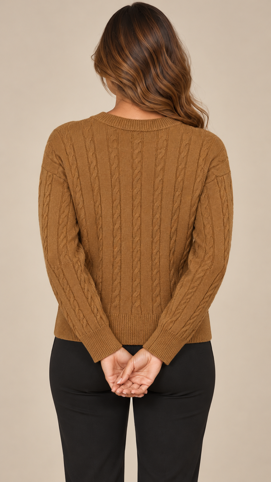 Marit Cable V-Neck Sweater — Brown model back