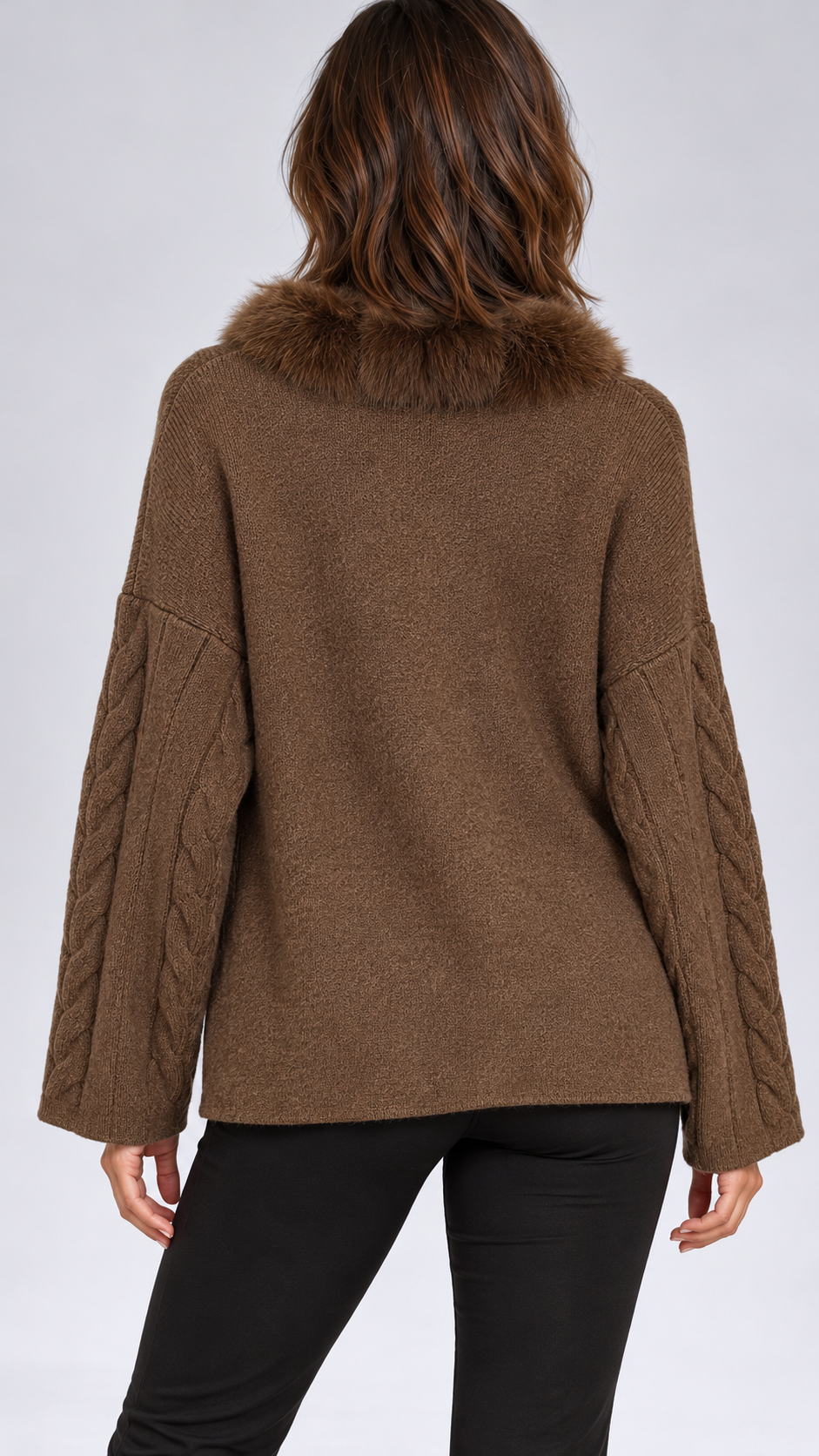 Maribelle Plush-Front Cardigan — Brown model back