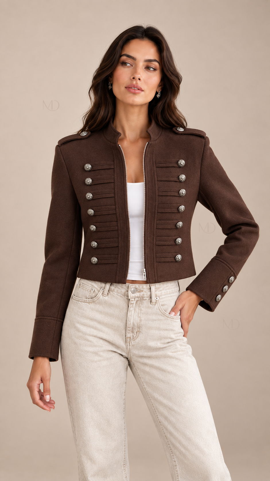 Sloane Military Cropped Jacket — Brown model front