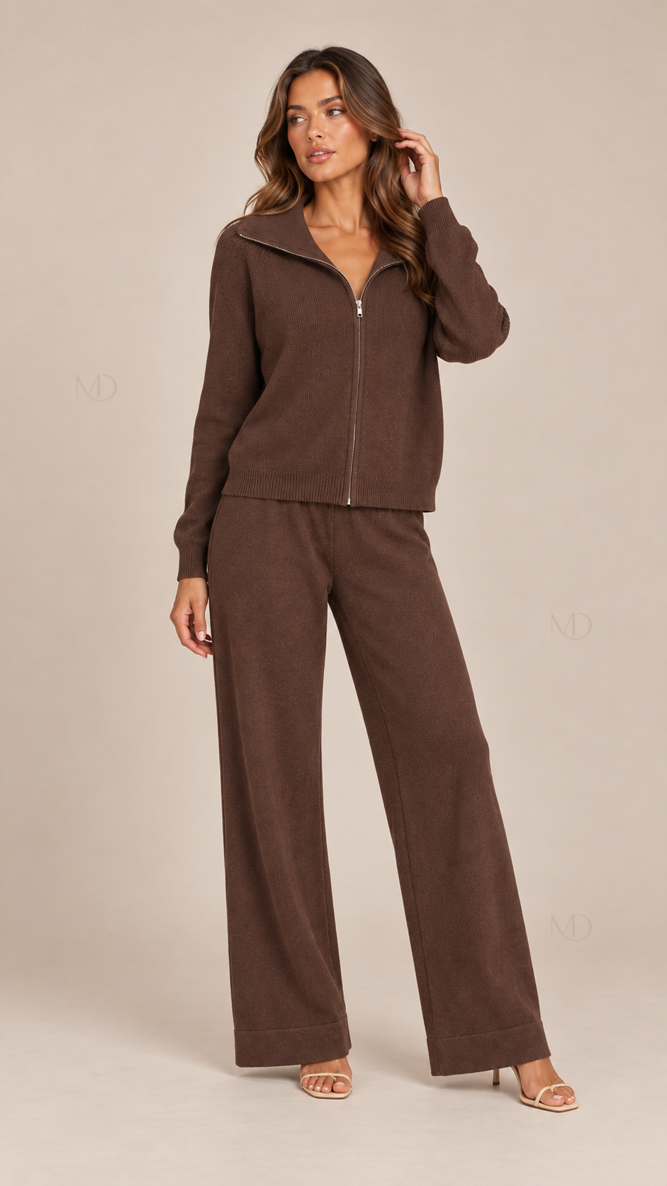 Elise Zip Cardigan Pants Set — Brown model front