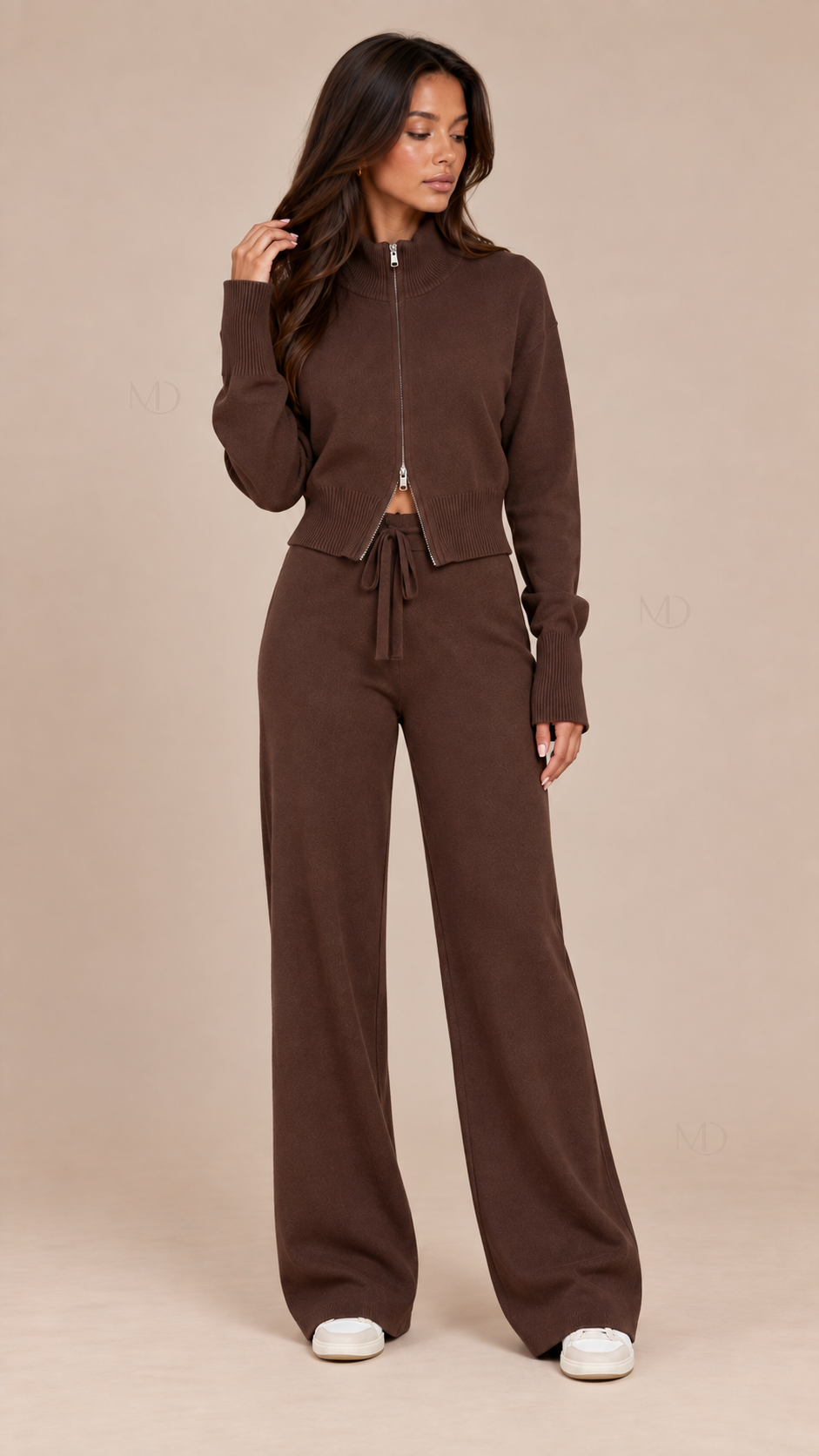 Sienna Double Zip Knit Set — Brown model front