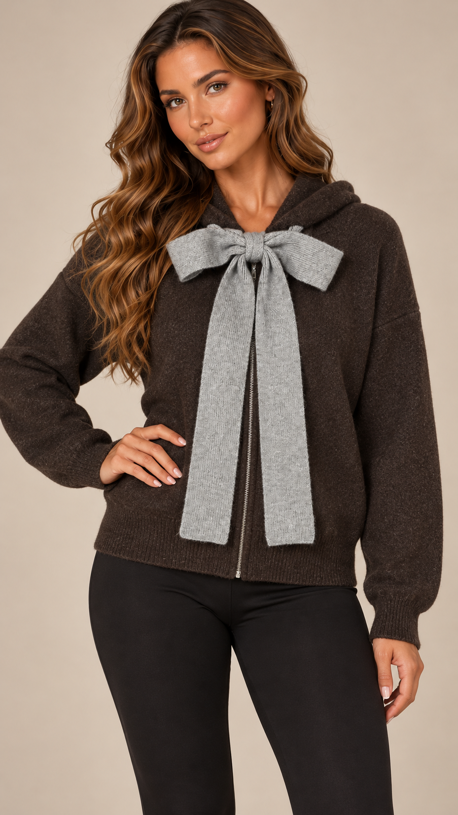 Marta Bow-Scarf Cardigan — Brown model front