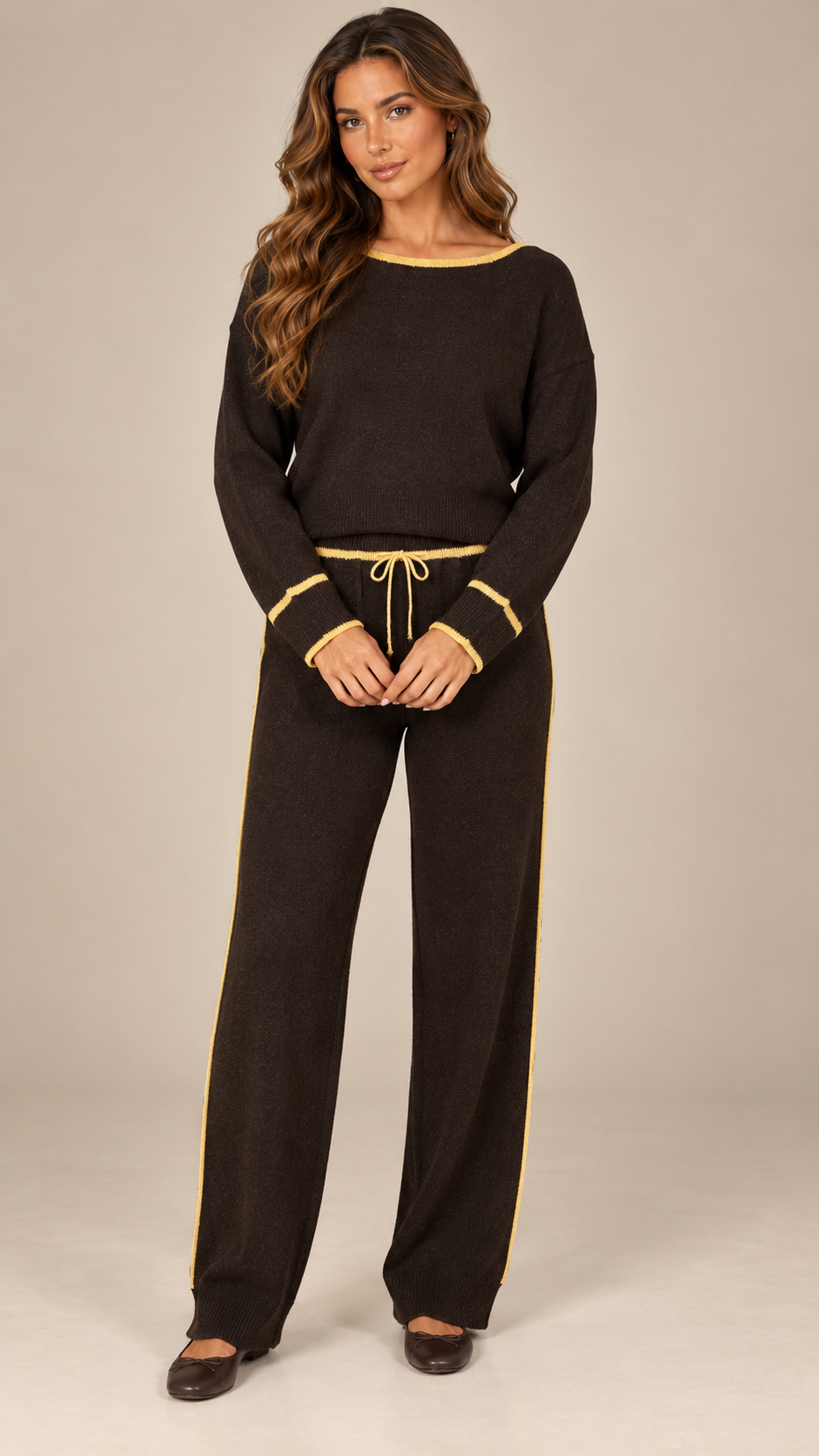 Saskia Tipped Knit Set — Brown model front