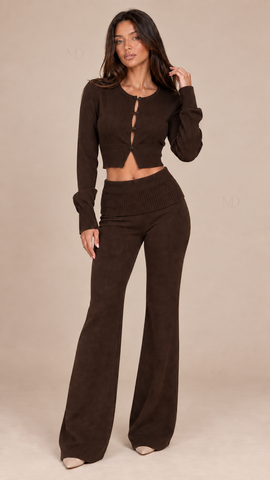 Mila Cropped Cardigan Pants Set — Brown model front