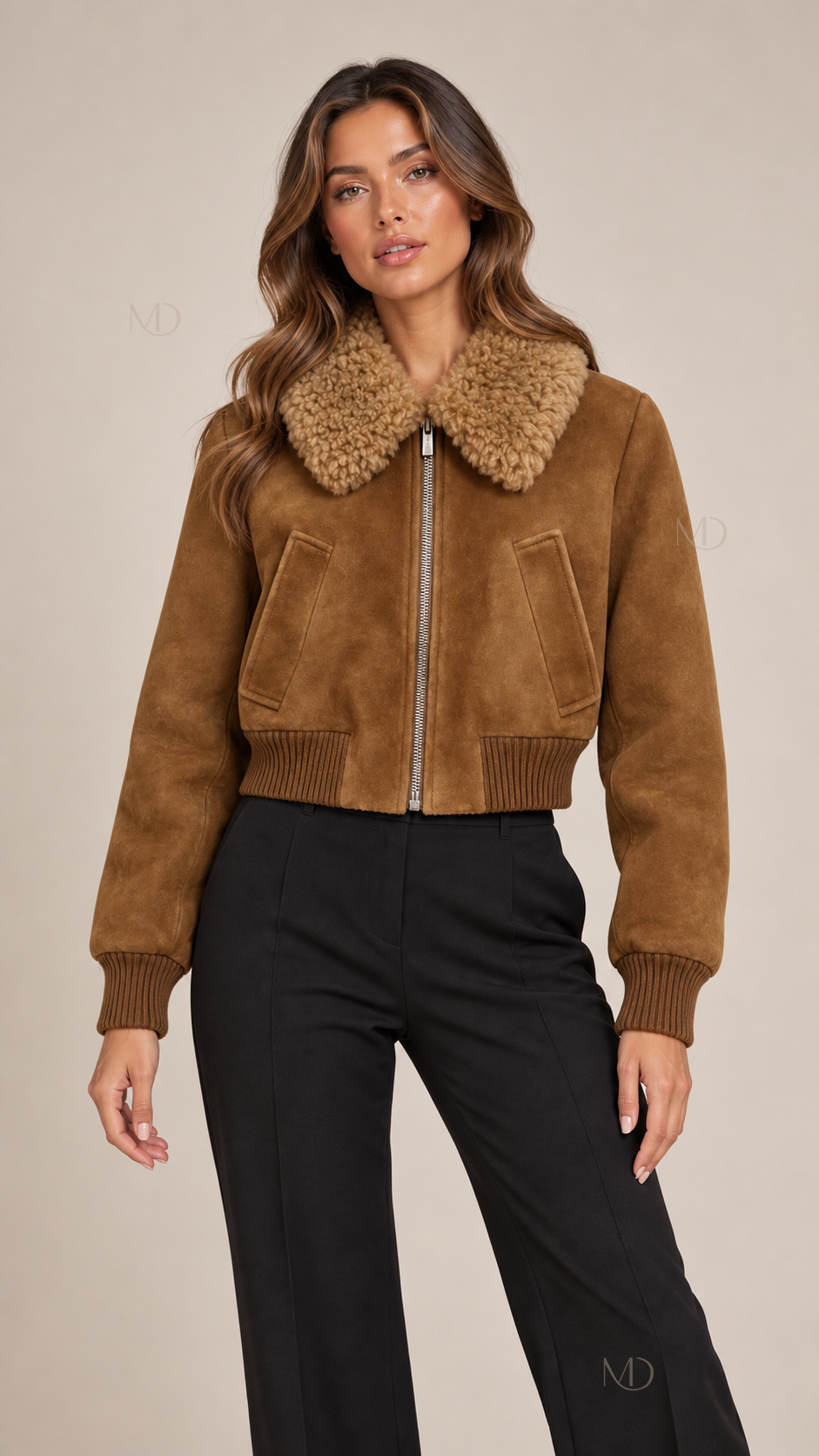 Mara Shearling Bomber Jacket — Brown model front