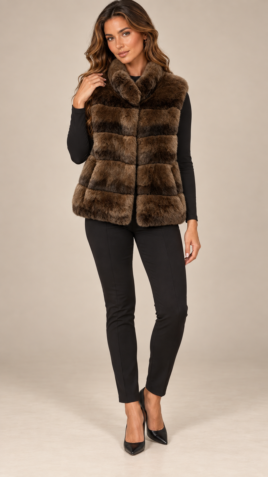 Nadia Chinchilla-Pattern Vest — Brown model front