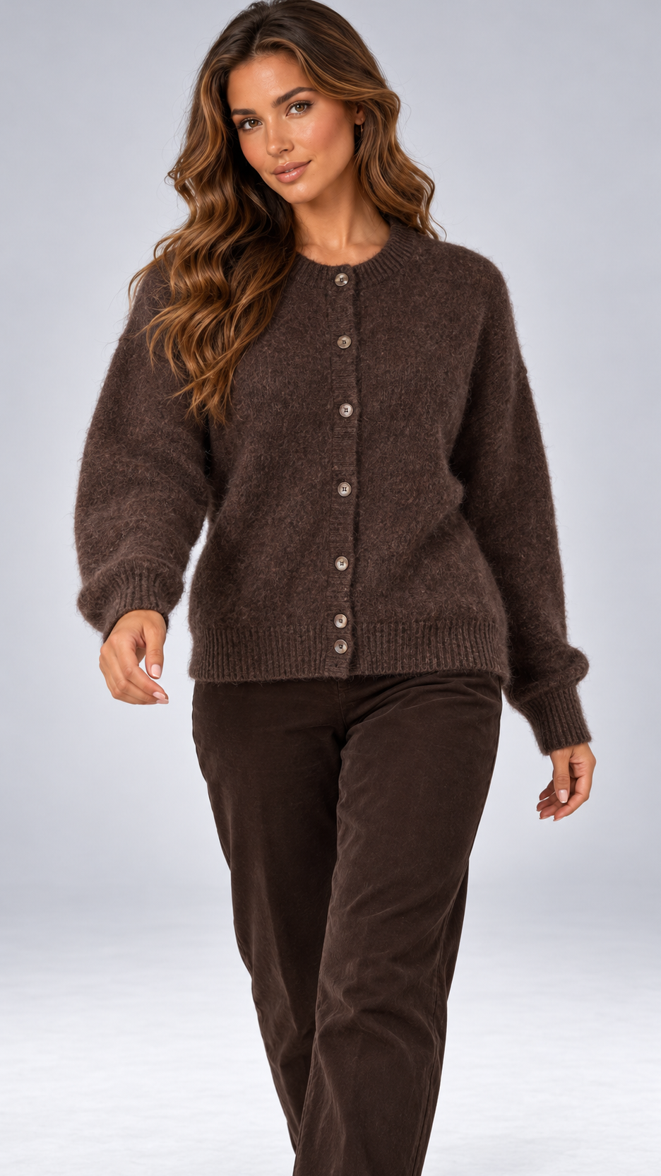 Celestine Shell-Button Cardigan — Brown model front