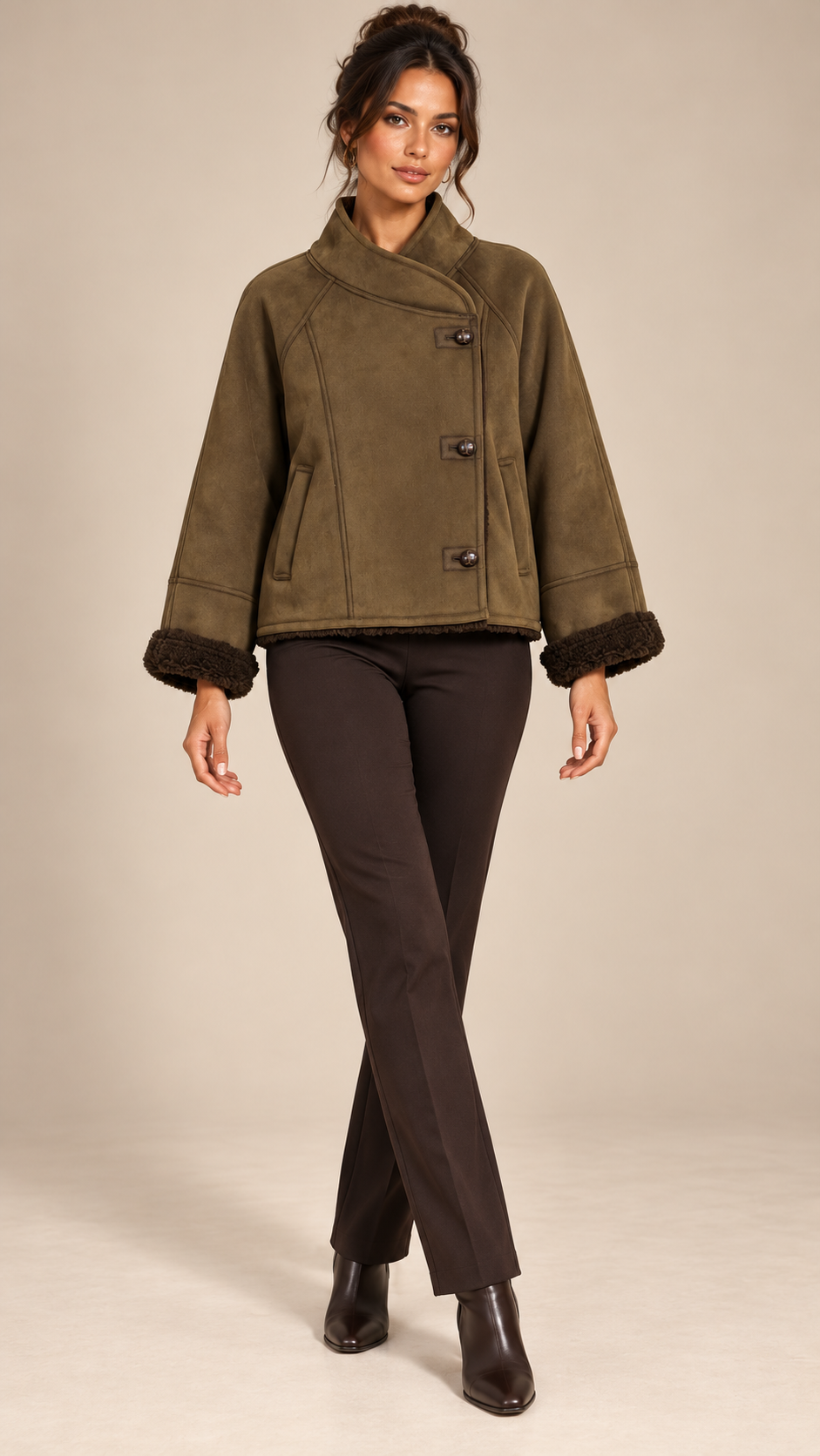 Ravenna Sherpa-Cuff Jacket — Brown model front