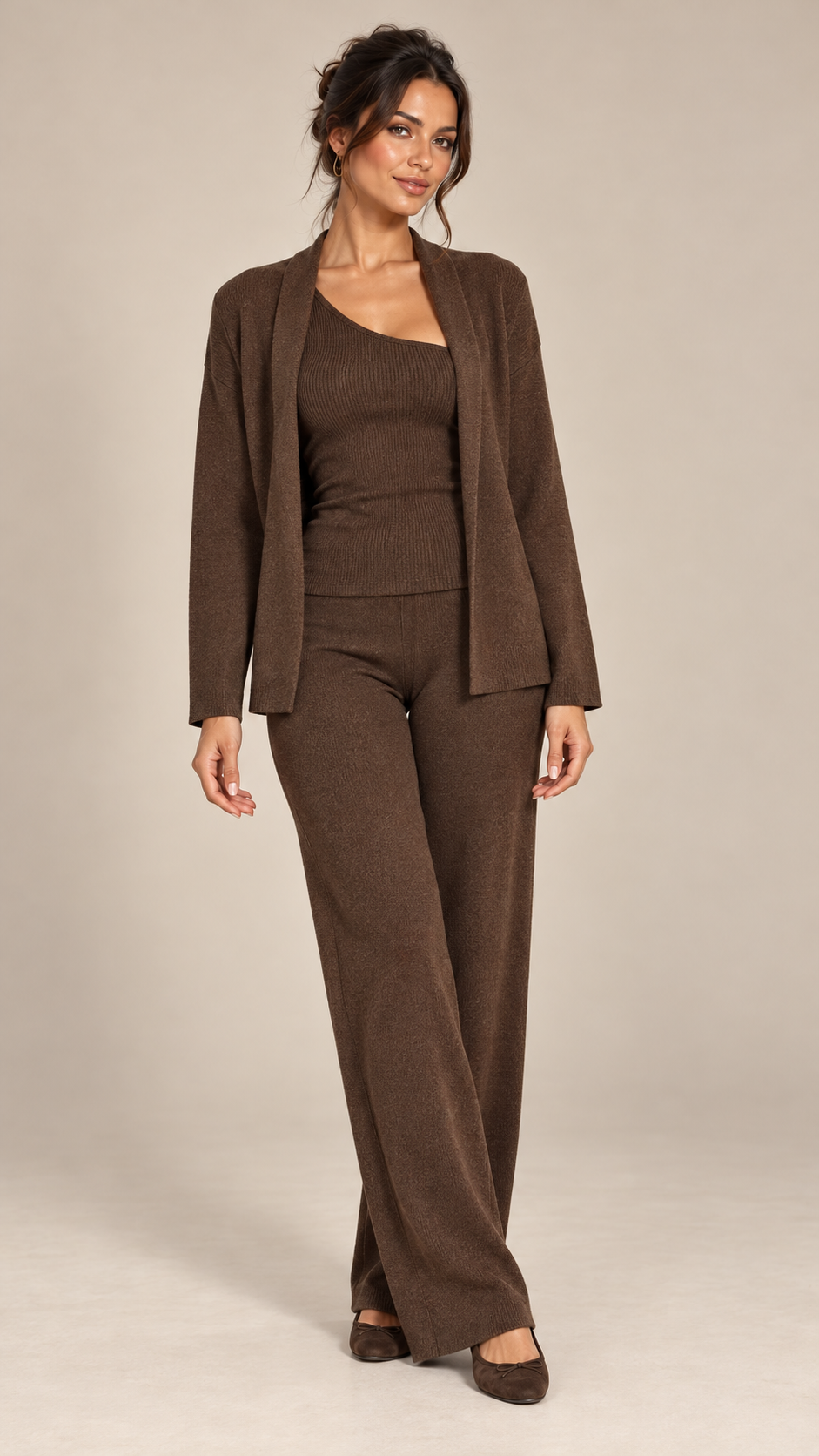 Gwenllian One-Shoulder Knit Set — Brown model front