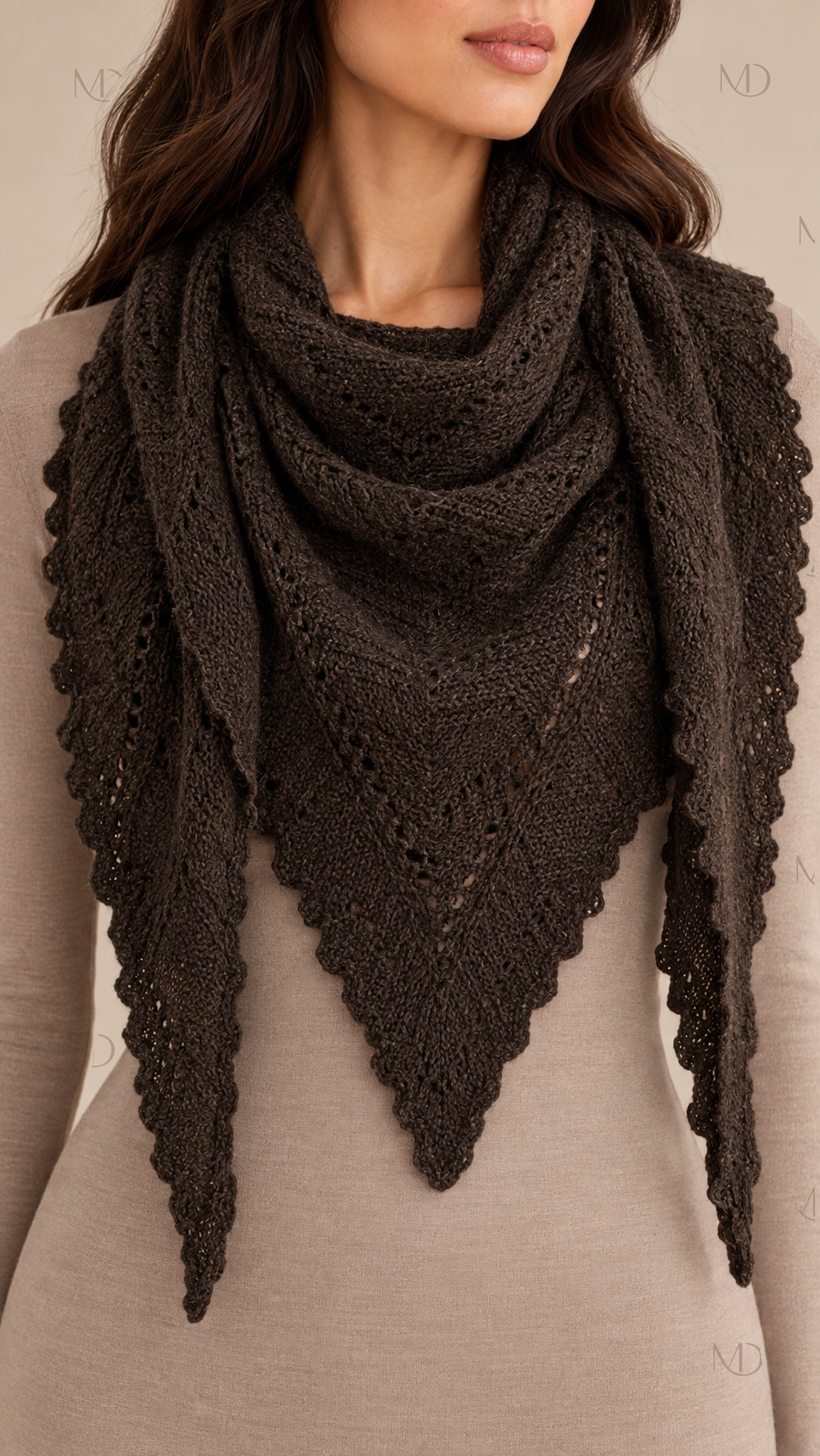 Elowen Pointelle Triangle Scarf — Brown worn closeup