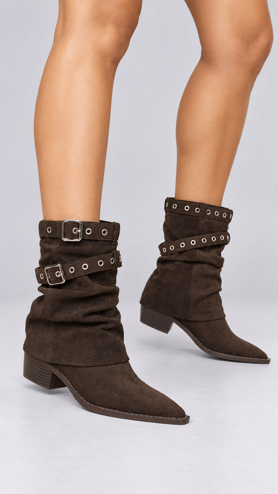 Annalena Grommet Slouch Boots — Brown worn closeup