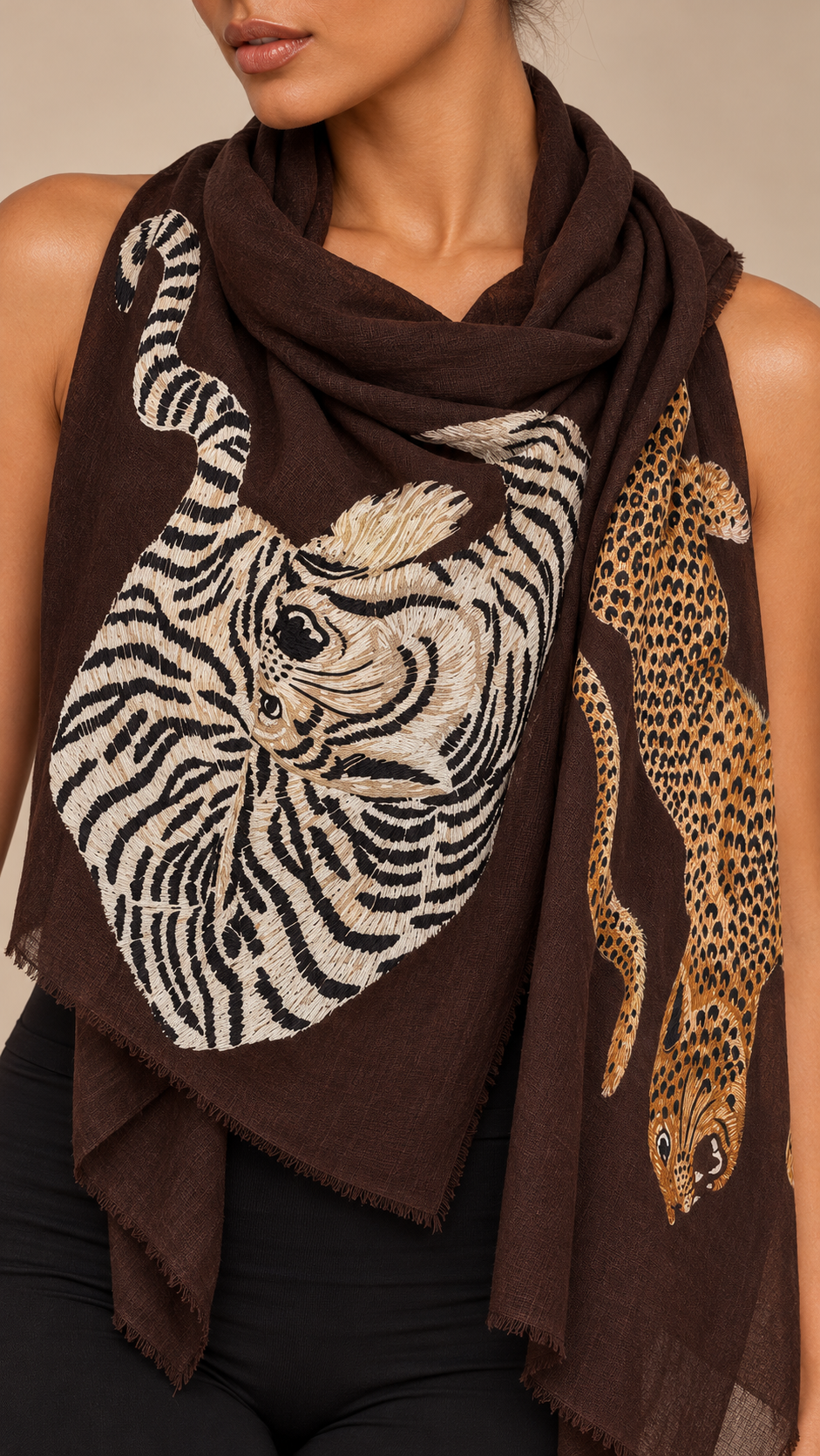 Ambrosine Leopard-Tiger Scarf — Brown worn closeup