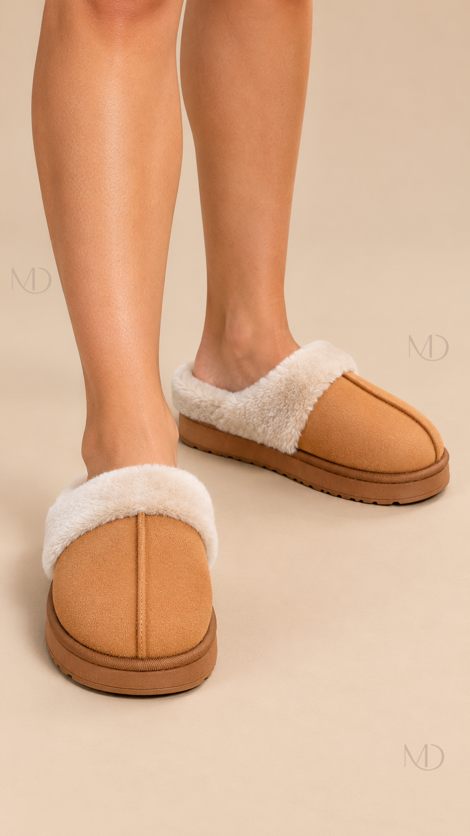 Ysaline Suede Slipper — Brown worn closeup