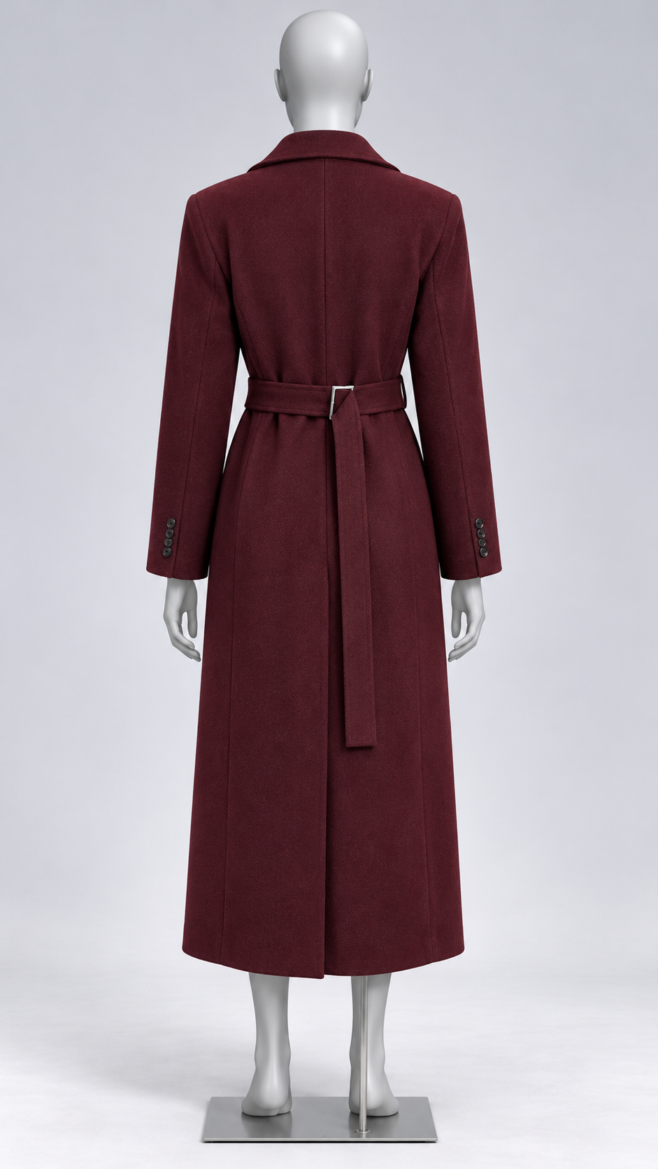 Ludovica Sculpted Long Coat — Burgundy Belted mannequin back