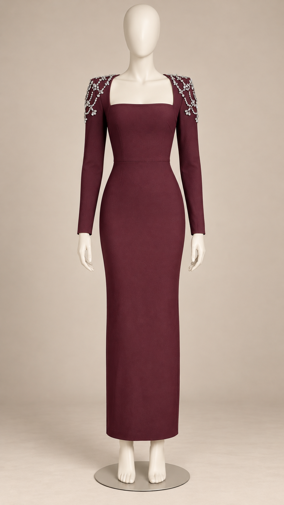 Calanthe Jeweled-Shoulder Maxi — Burgundy mannequin front
