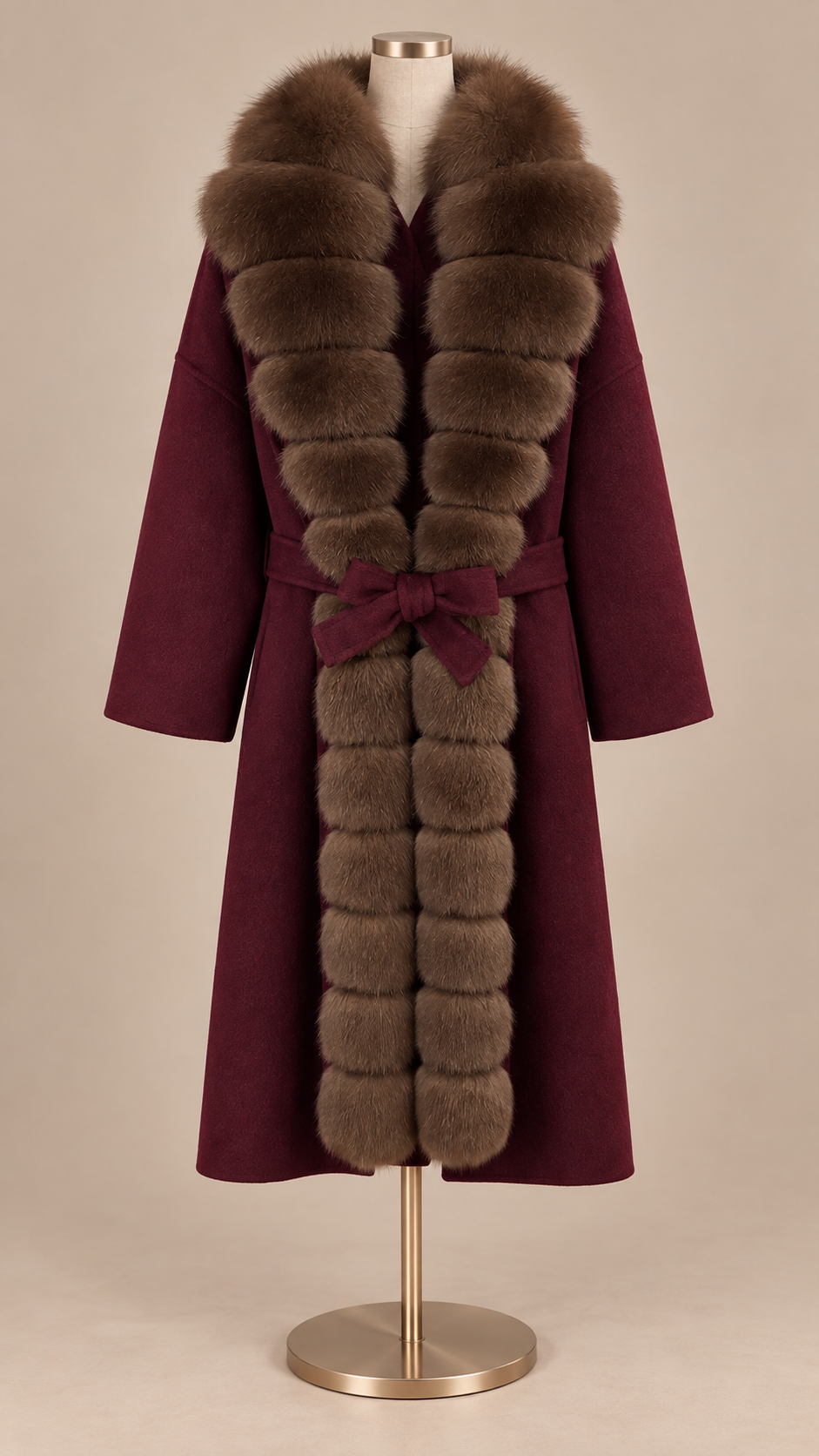 Seraphine Fur Collar Coat — Burgundy mannequin front
