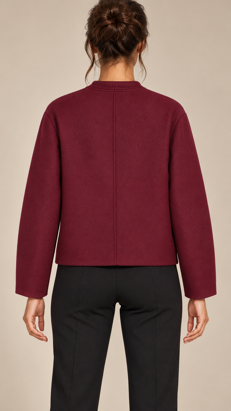 Adelaide Shank-Button Cardigan — Burgundy model back