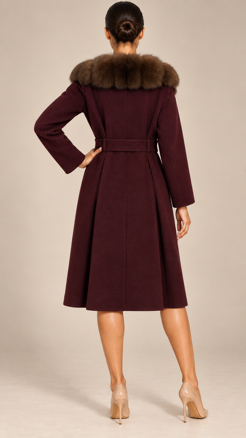 Seraphine Fur Collar Coat — Burgundy model back