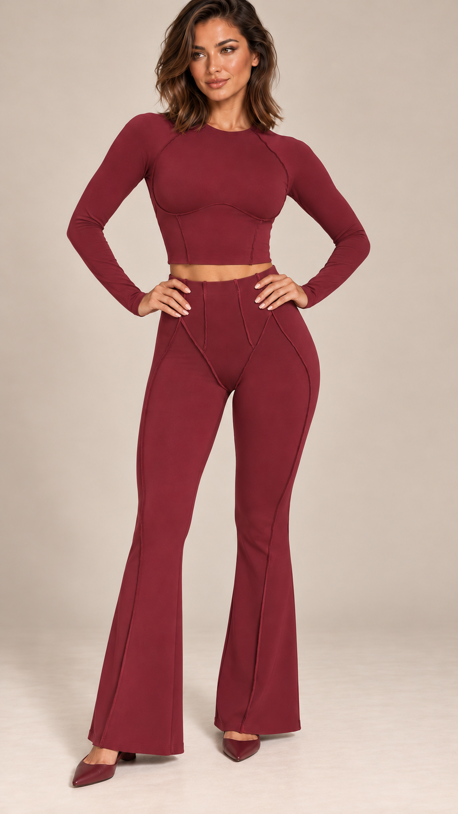 Tindra Seamline Flare Set — Burgundy model front