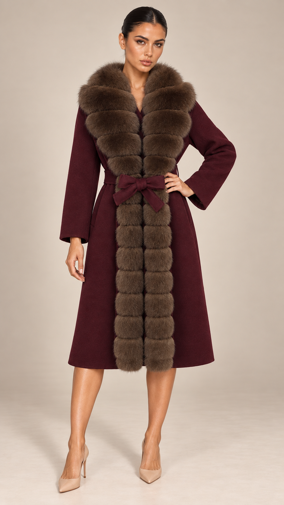 Seraphine Fur Collar Coat — Burgundy model front