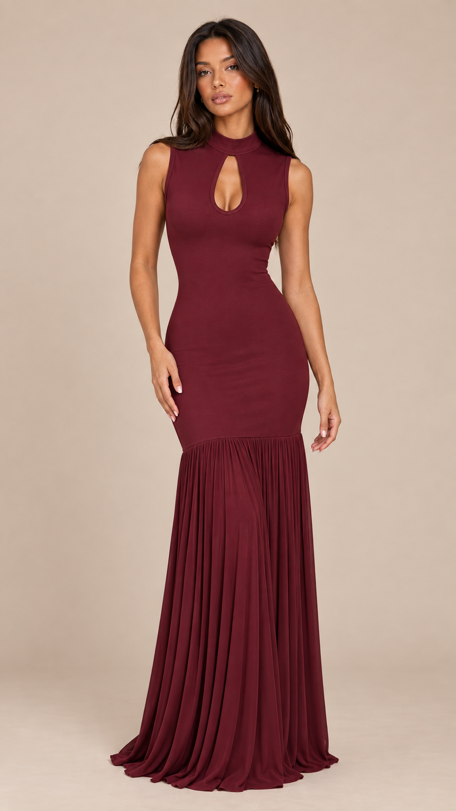 Selene Keyhole Fishtail Maxi — Burgundy model front