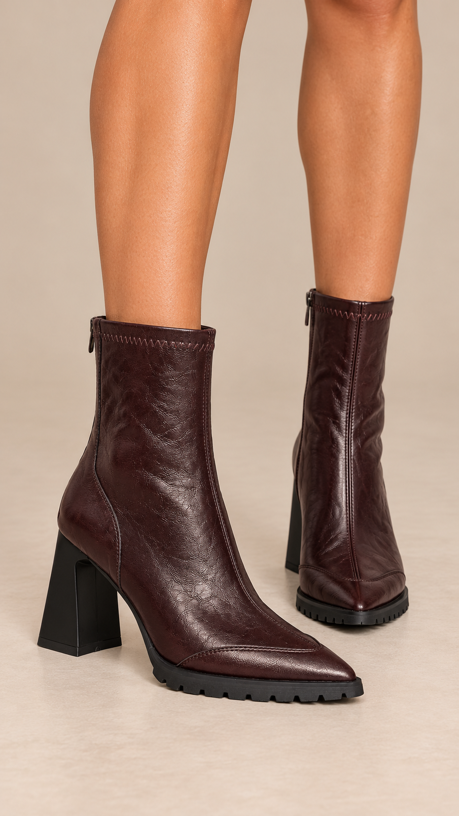 Coralie Block-Heel Ankle Boot — Burgundy worn closeup