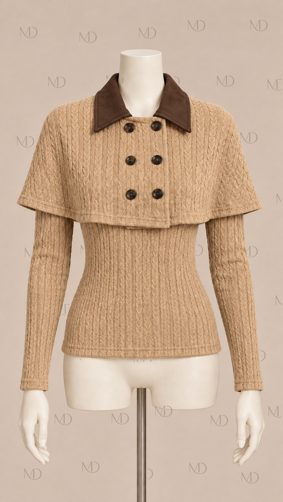 Yuzu Cable Knit Capelet Set — Camel mannequin front