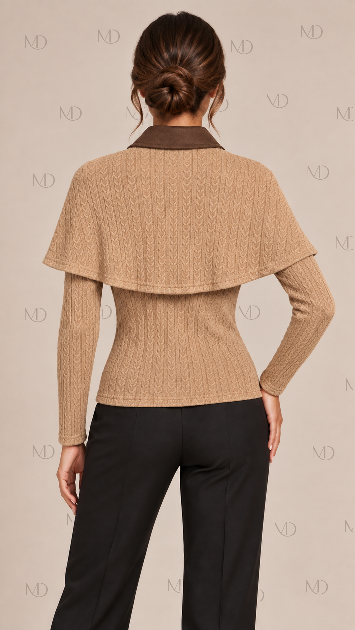 Yuzu Cable Knit Capelet Set — Camel model back