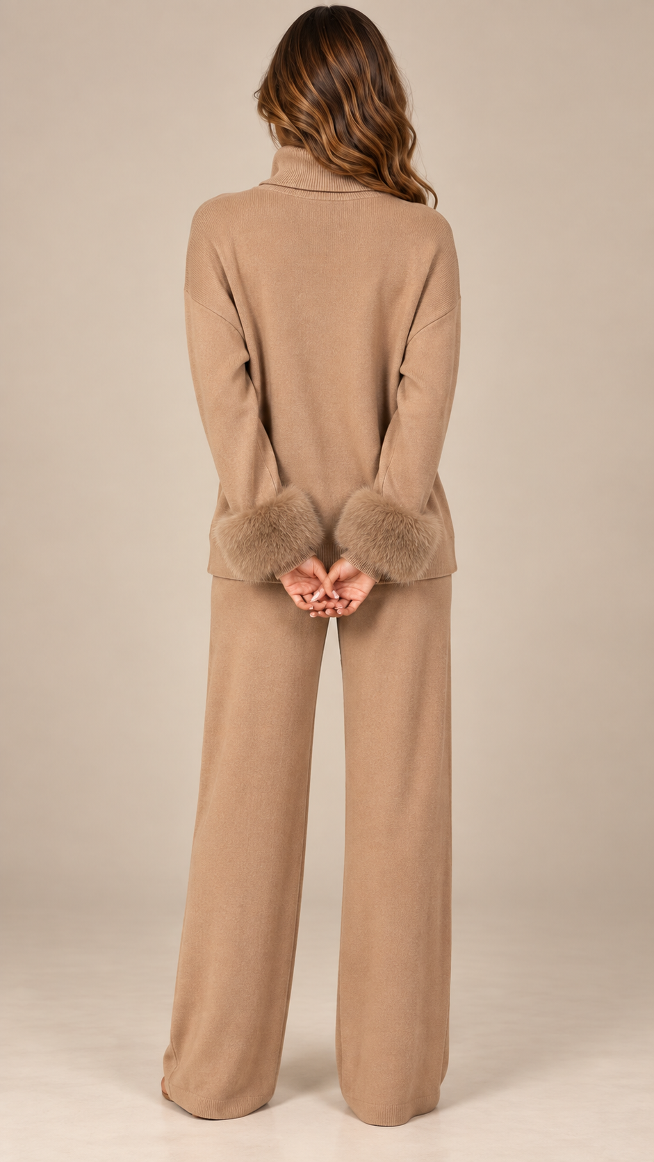 Noor Fur-Pom Knit Set — Camel model back