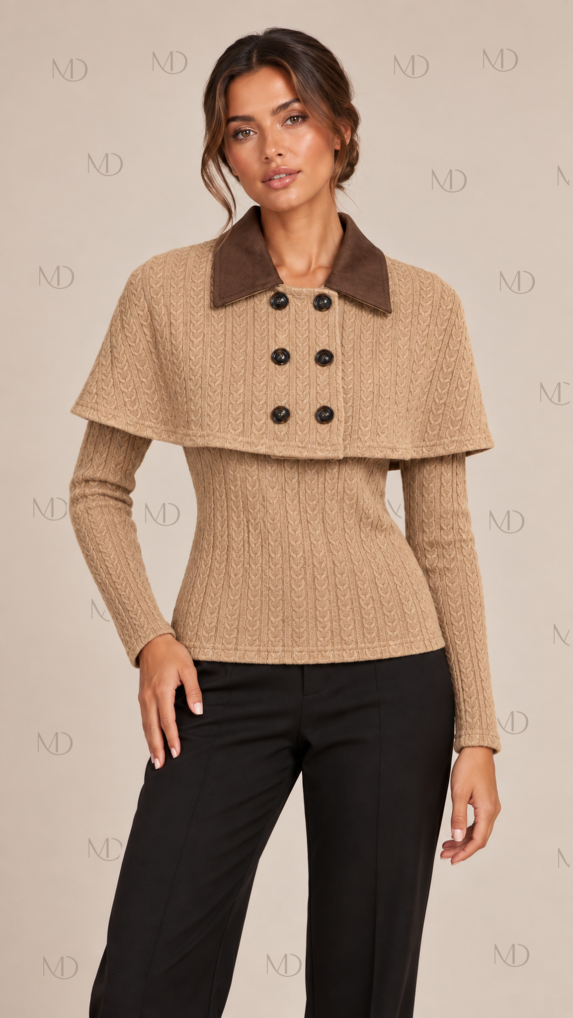Yuzu Cable Knit Capelet Set — Camel model front