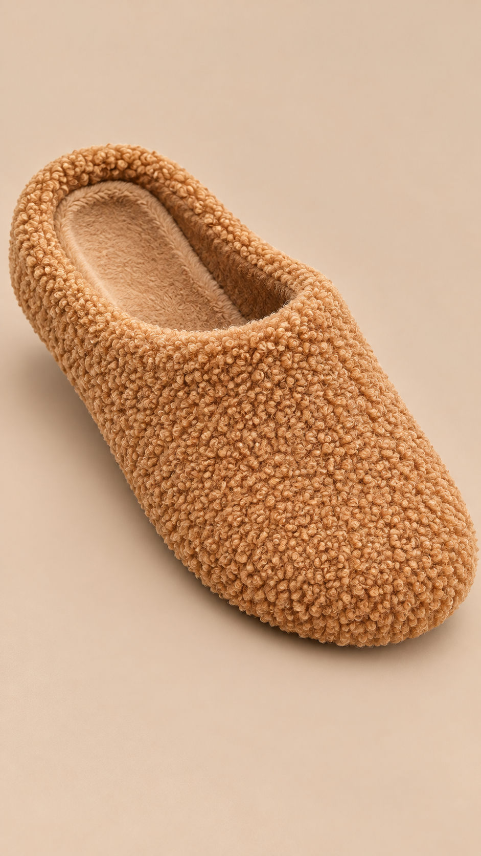 Gisella Teddy-Fleece Mule — Camel shoe detail