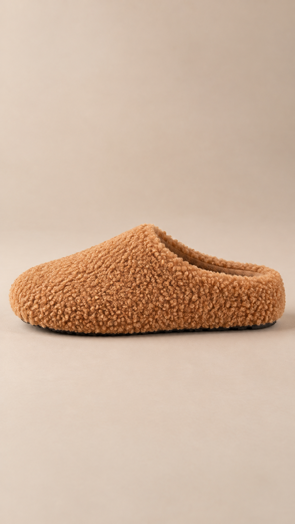 Gisella Teddy-Fleece Mule — Camel shoe side