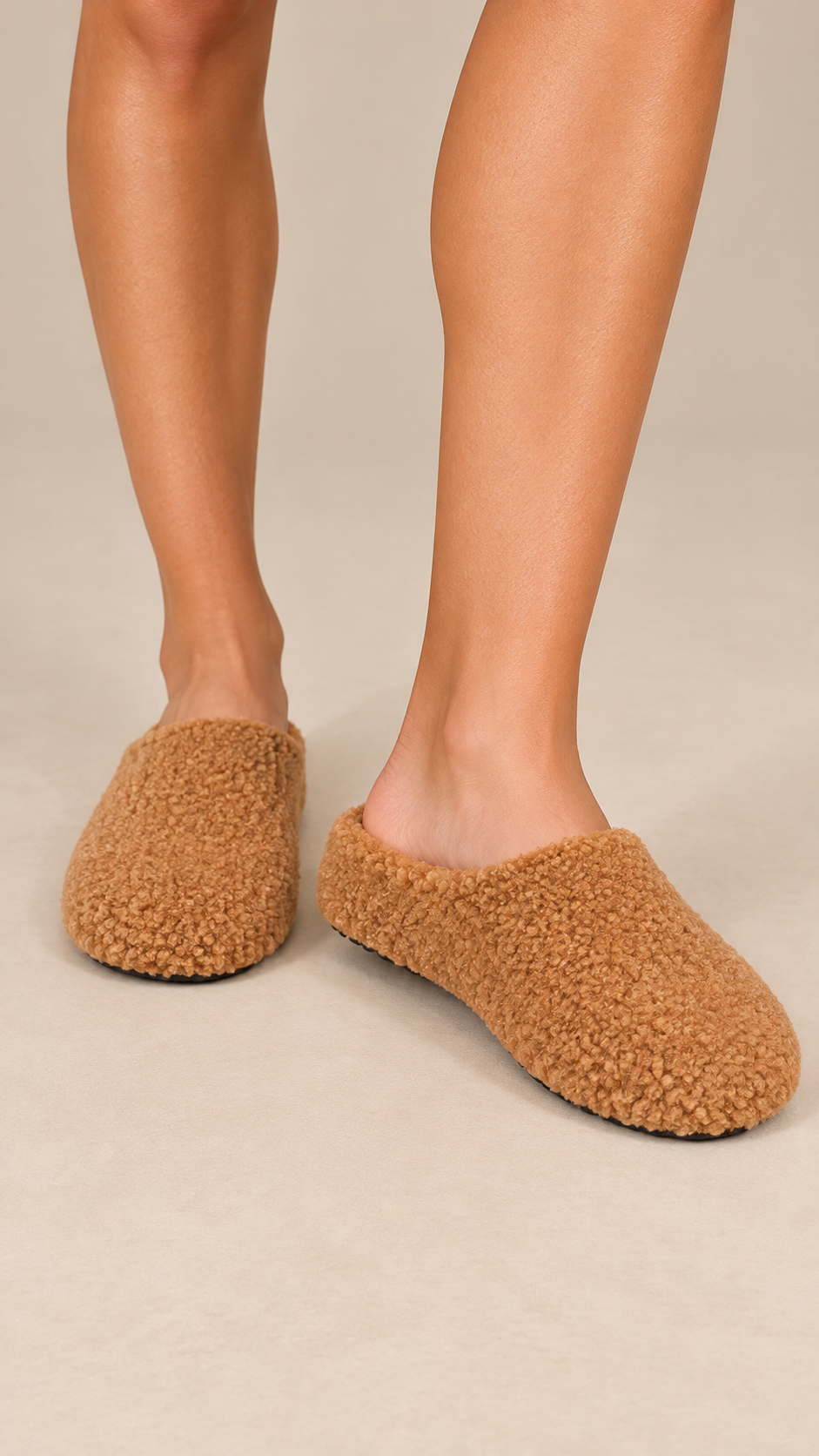 Gisella Teddy-Fleece Mule — Camel worn closeup