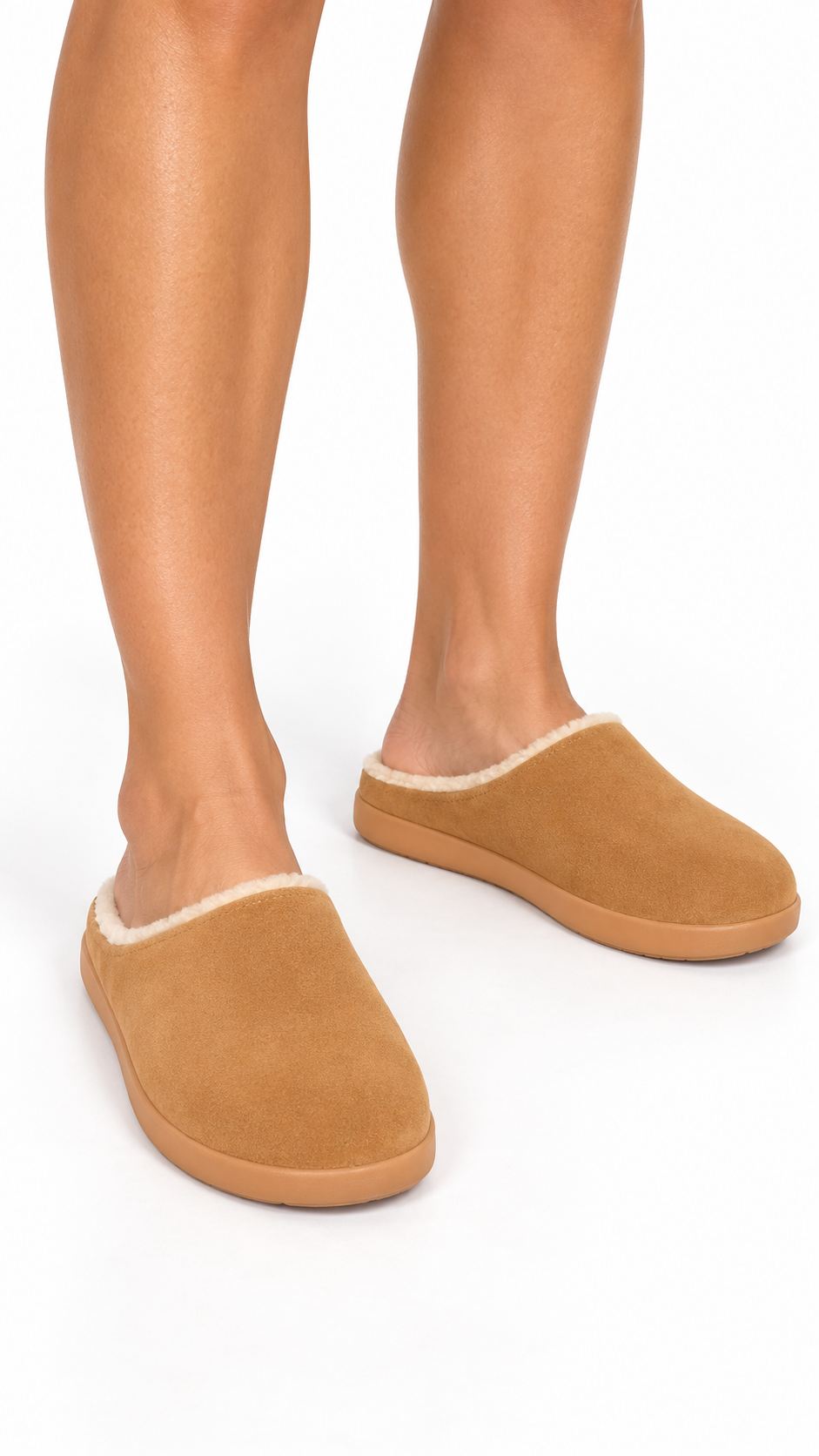 Leandra Plush-Lined Mule — Camel worn closeup