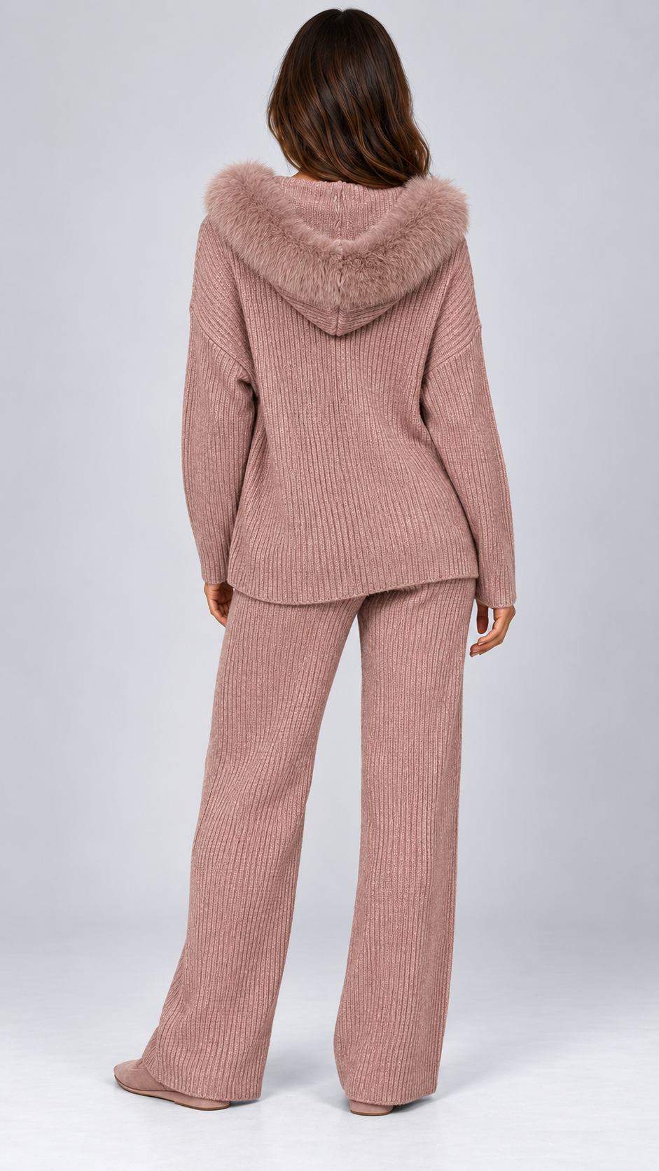 Wilma Fox-Hood Knit Set — Cherry Blossom Pink model back