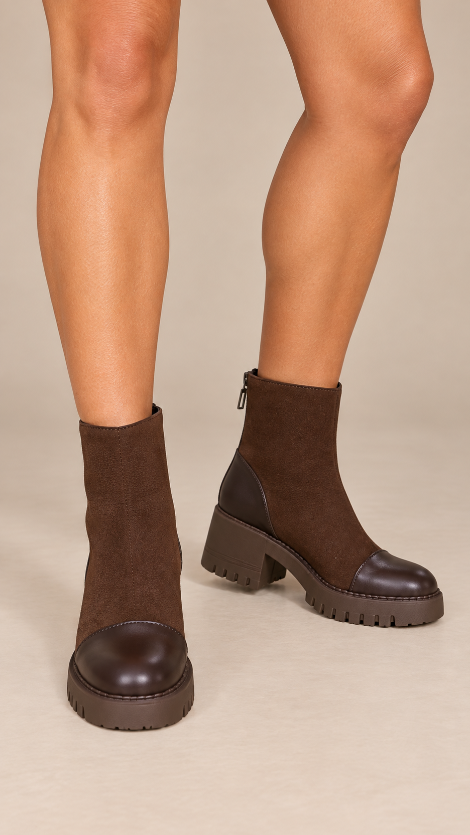 Vesna Block-Heel Boots — Chocolate Brown worn closeup