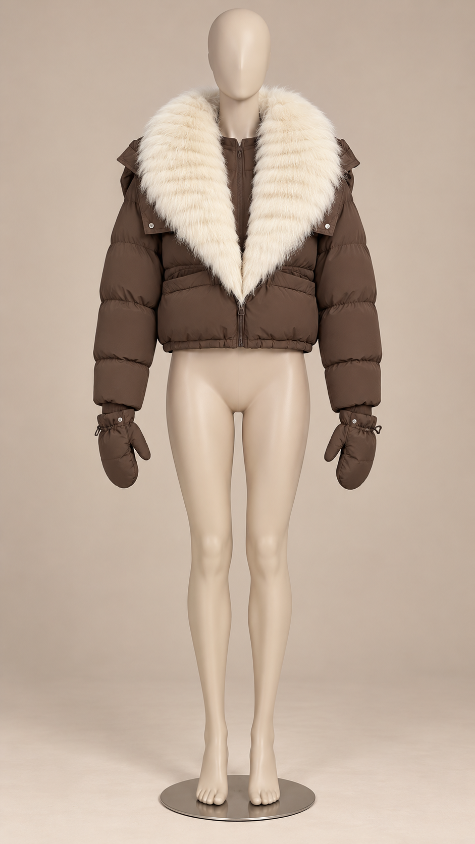 Anastasia Fox-Stole Hooded Puffer — Coffee & Ivory mannequin front