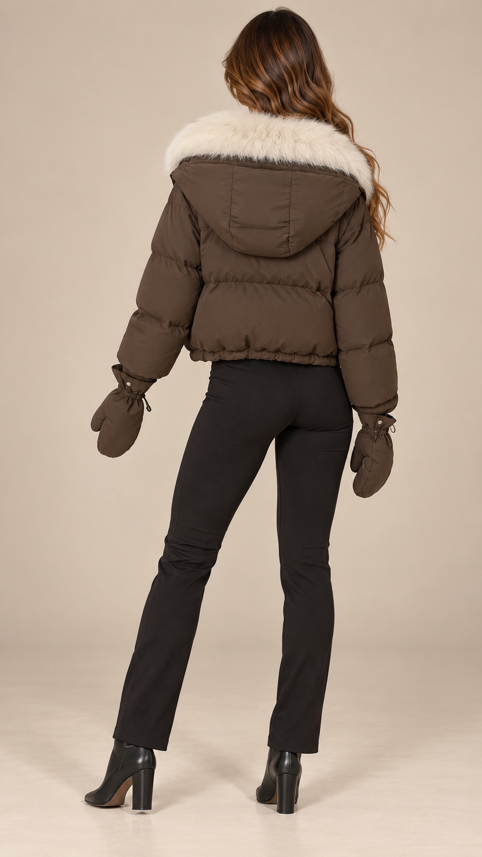 Anastasia Fox-Stole Hooded Puffer — Coffee & Ivory model back