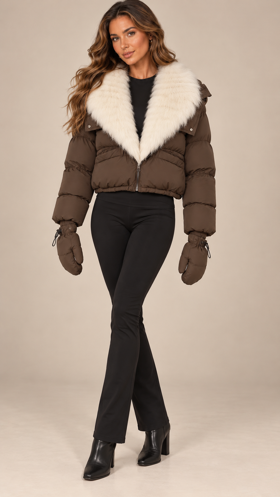 Anastasia Fox-Stole Hooded Puffer — Coffee & Ivory model front