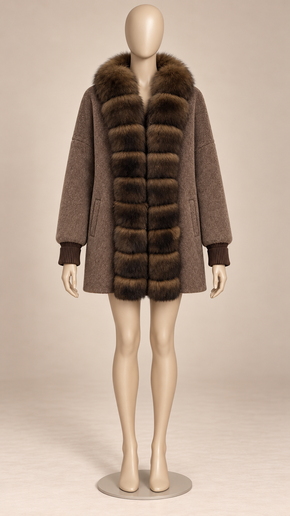 Rhiannon Fur-Placket Coat — Coffee color mannequin front