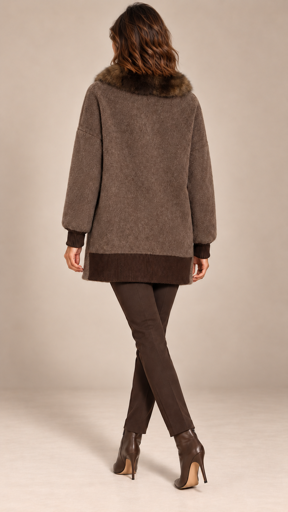 Rhiannon Fur-Placket Coat — Coffee color model back