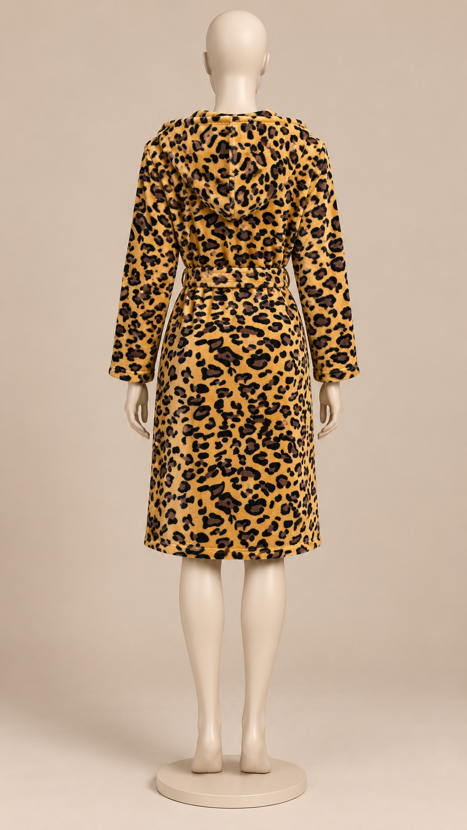 Rosamund Hooded Robe — Coffee Leopard mannequin back