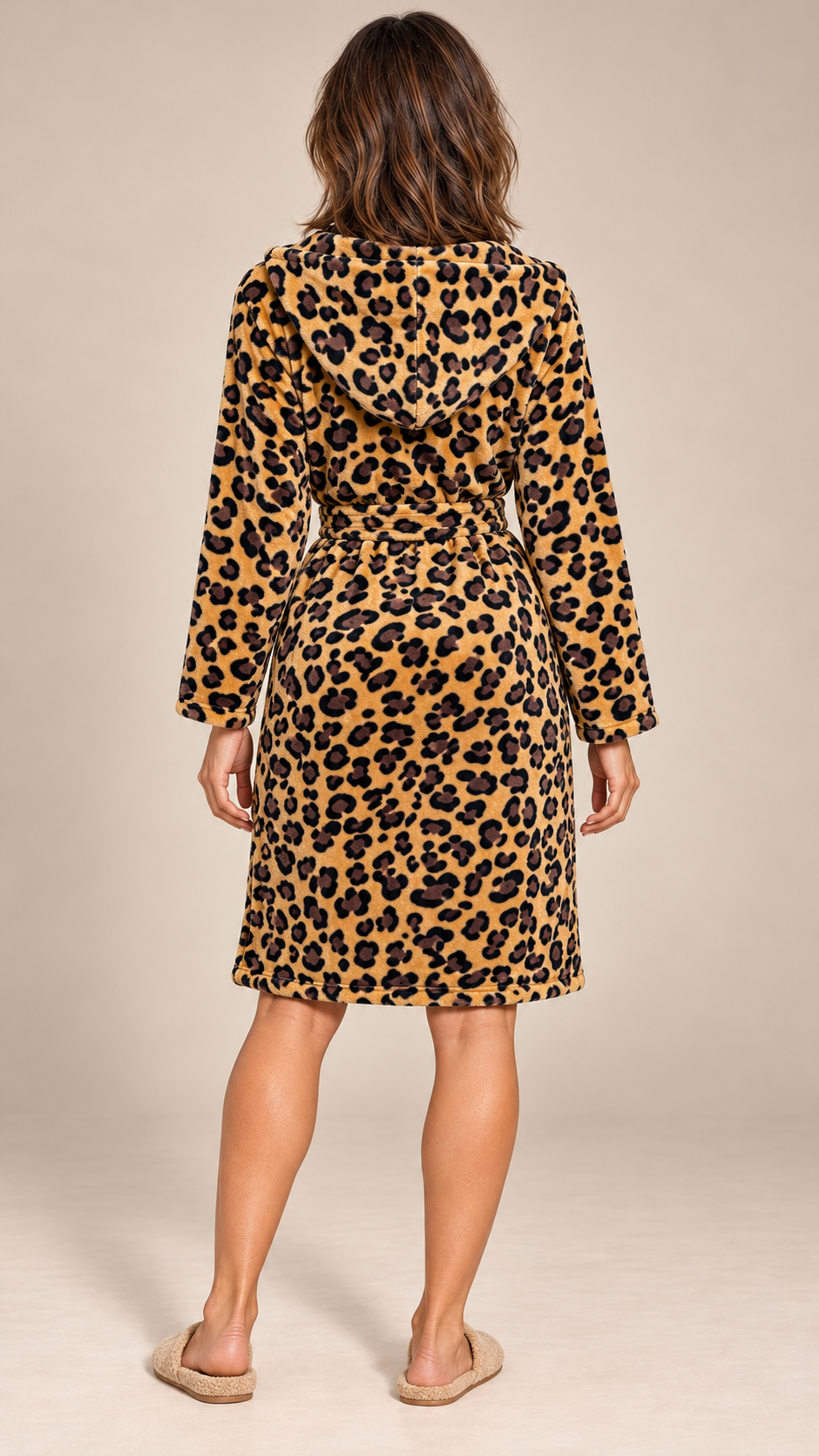 Rosamund Hooded Robe — Coffee Leopard model back
