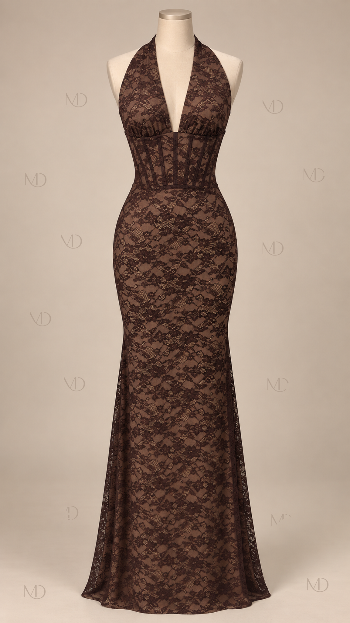 Seraphine Lace Halter Maxi Dress — Coffee mannequin front