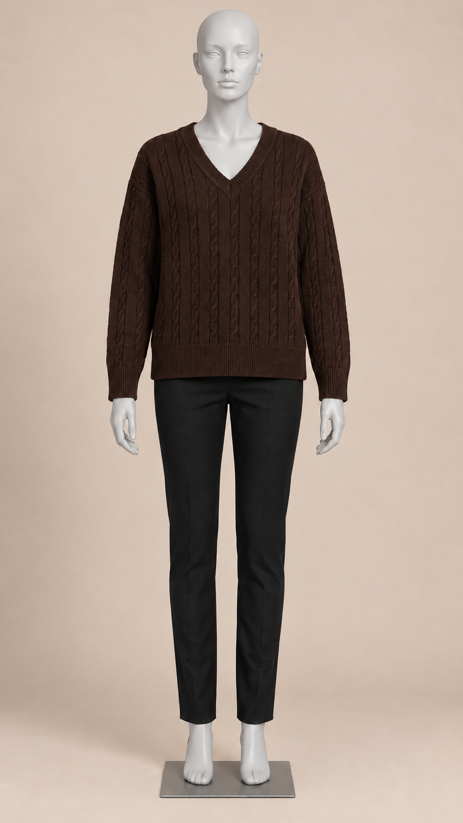 Marit Cable V-Neck Sweater — Coffee mannequin front