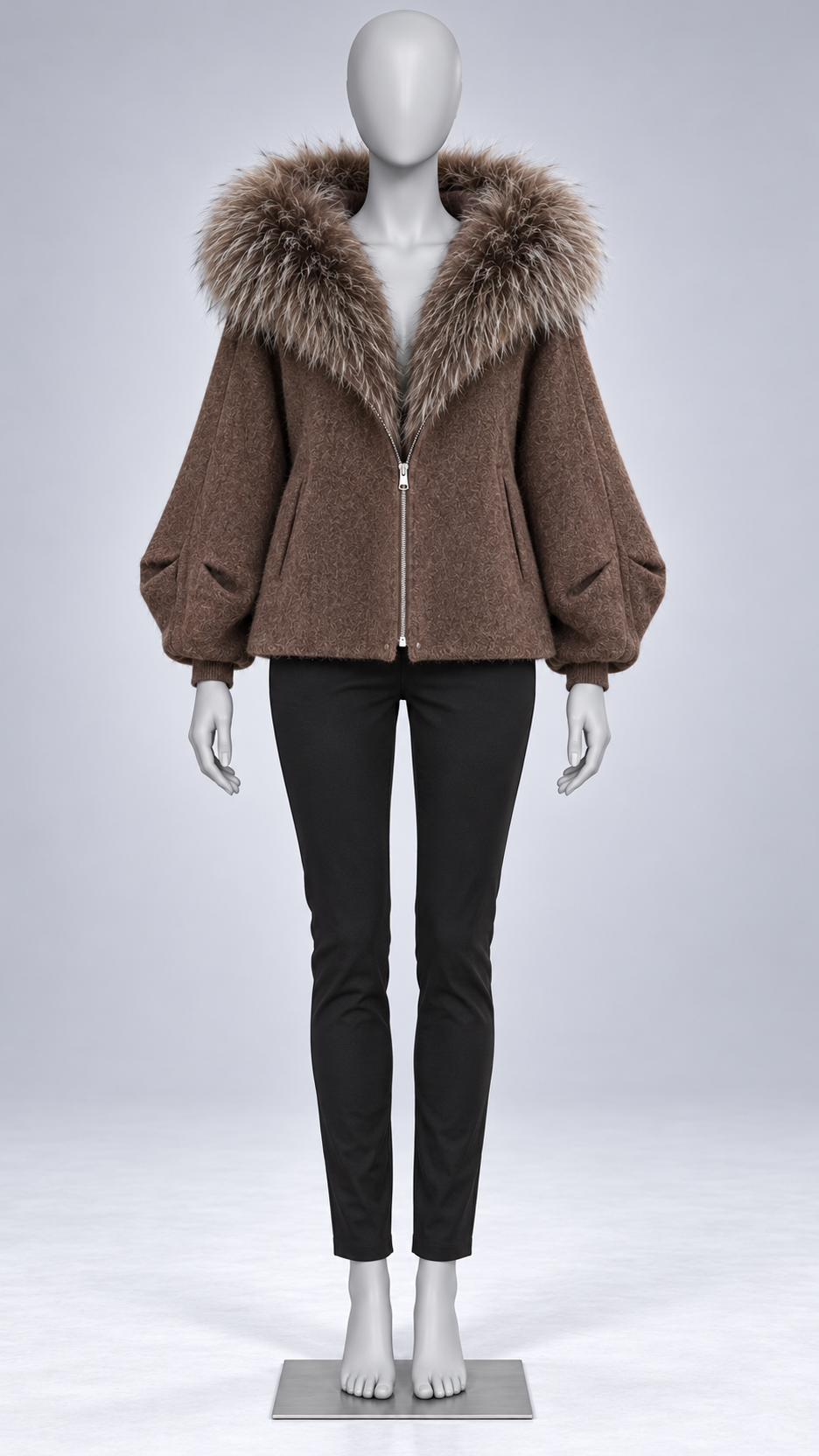 Marianne Raccoon-Hood Down Jacket — Coffee mannequin front