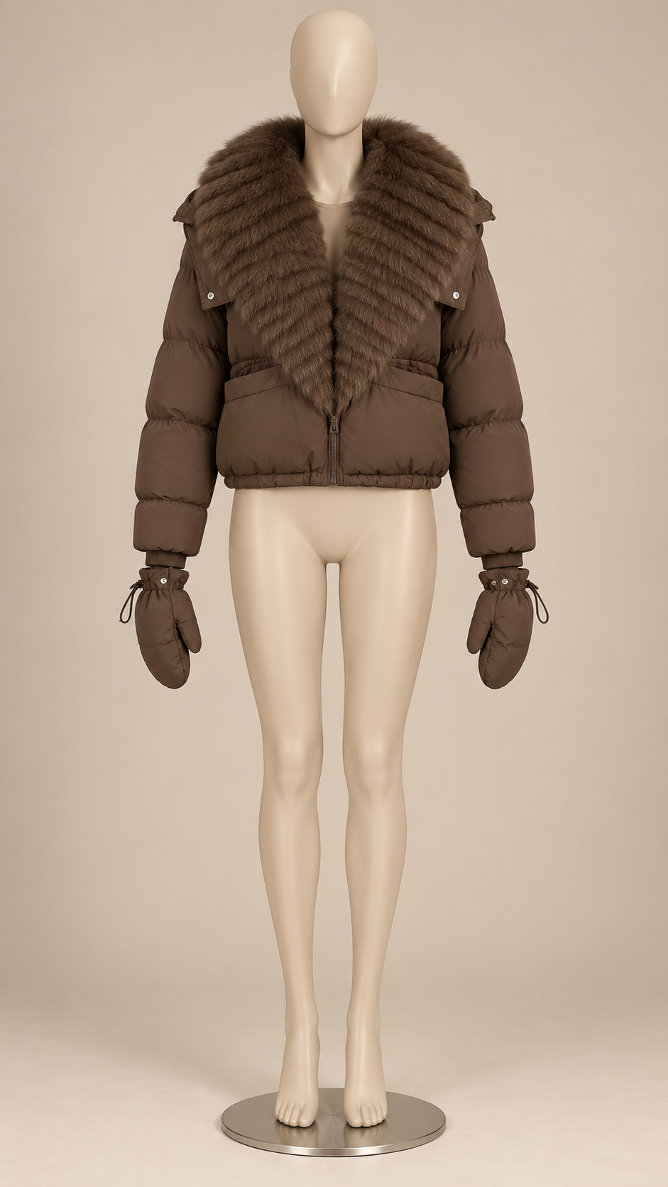 Anastasia Fox-Stole Hooded Puffer — Coffee mannequin front