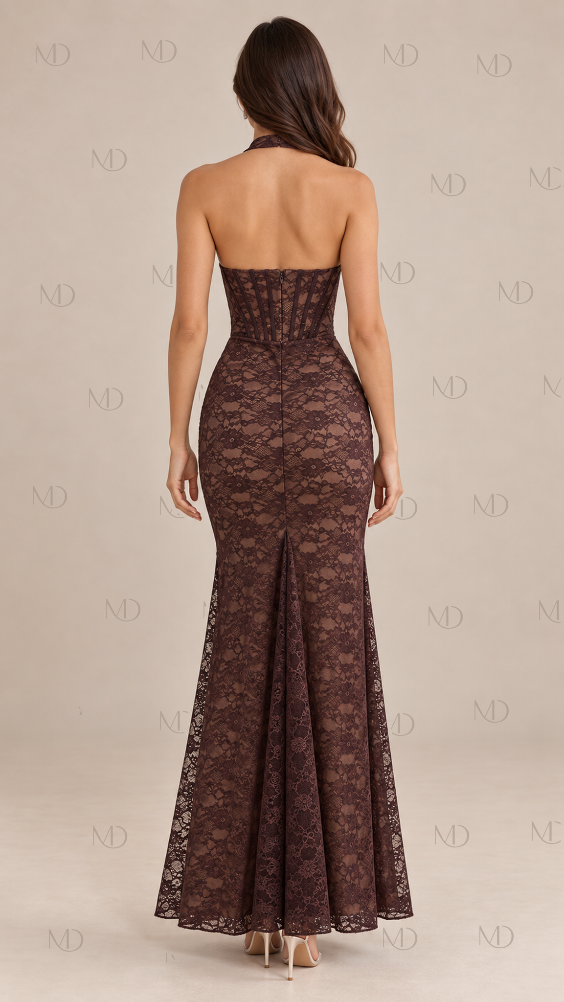 Seraphine Lace Halter Maxi Dress — Coffee model back
